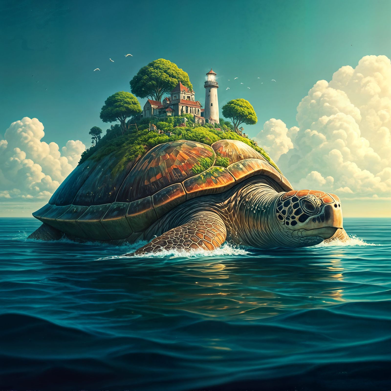 Gentle Giant Turtle Surrounded by Whimsical Island Kingdom