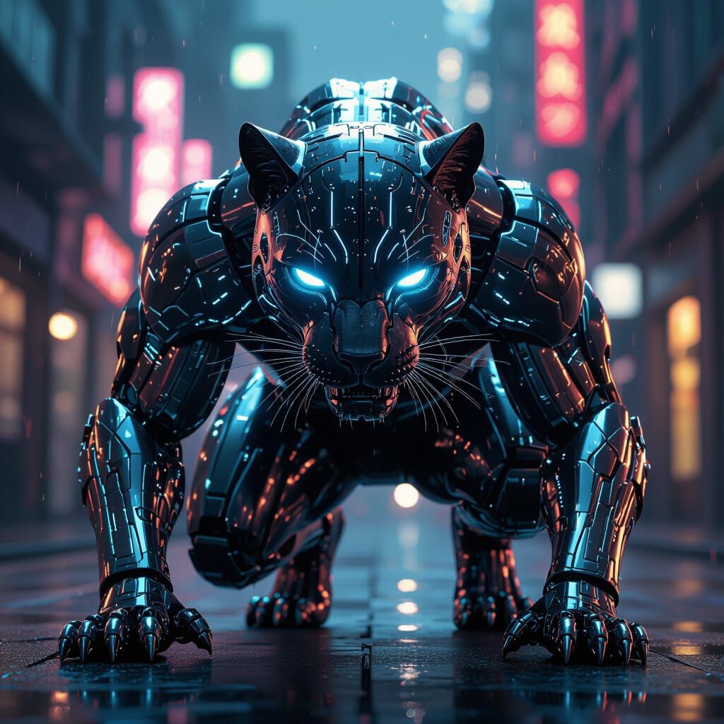 Futuristic Cyborg Panther with Bioluminescent Circuits