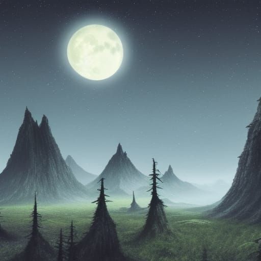 Lonely Moonscape with Hidden Grove: Fantasy Concept Art