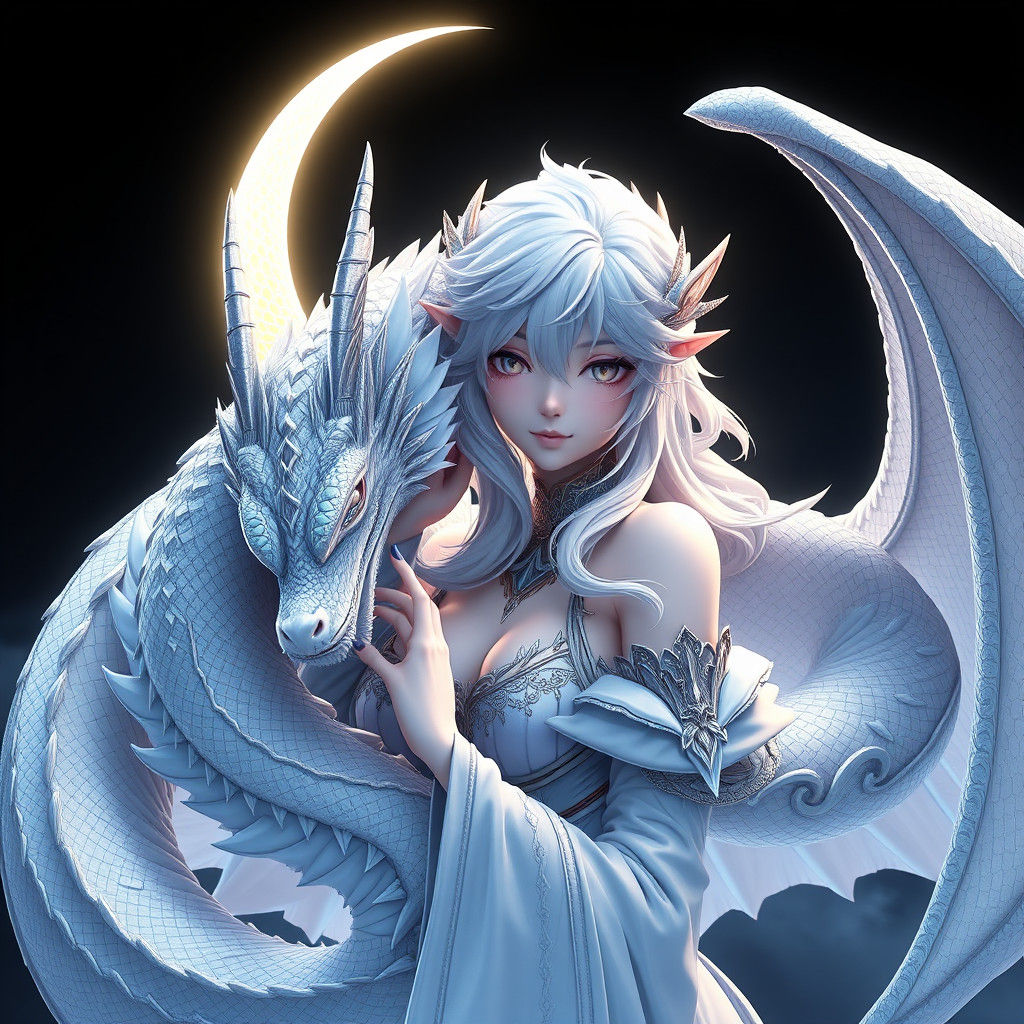 Moon Elf with Moon Dragon in Anime Style
