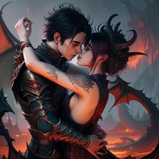 Romantic Demon Prince and Dragon Goddess Kiss