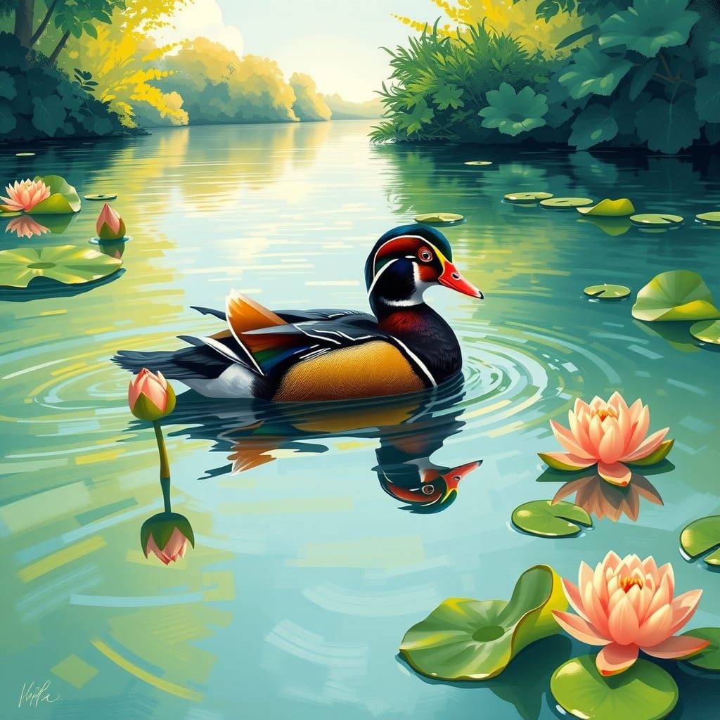 Vibrant Duck in a Serene Whimsical Pond Scene