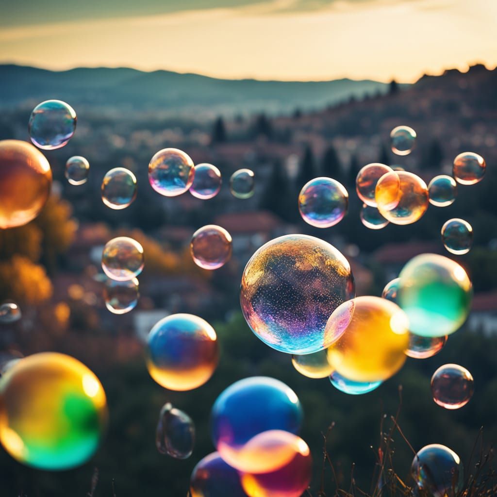 Cinematic Sunset Over Italian Town With Floating Bubbles