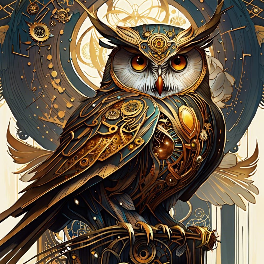 Steampunk Owl Digital Painting with Golden Outlines