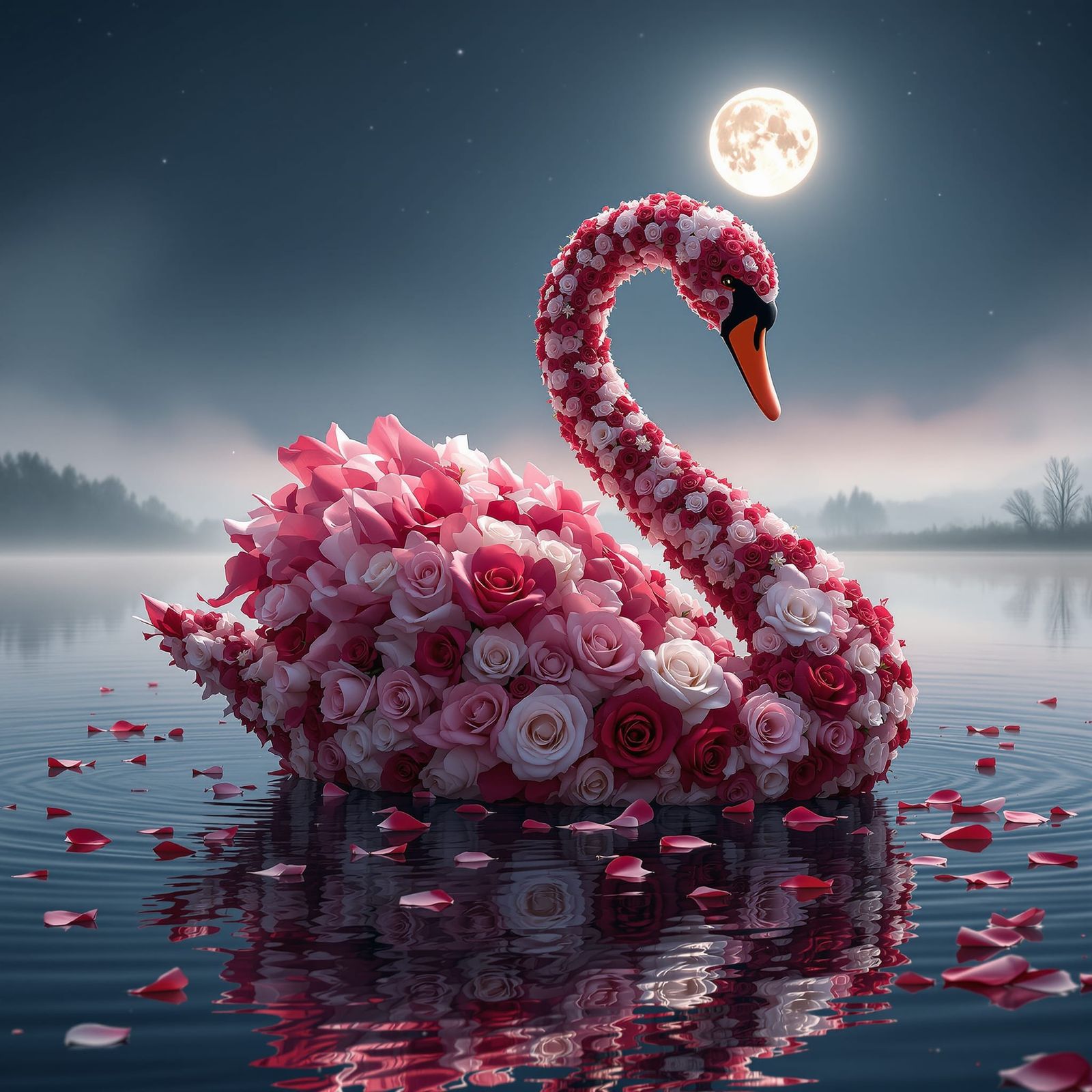 Majestic Swan Composed of Rose Petals on Moonlit Lake