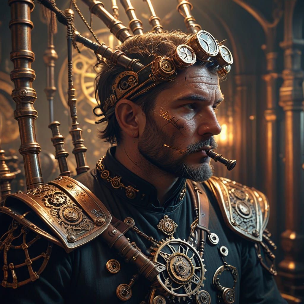 Steampunk Bagpipes with Ancestral Memory in Dramatic Lightin...