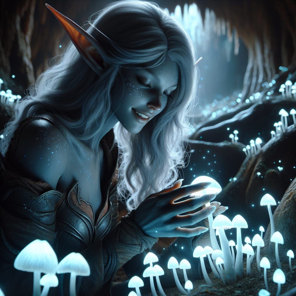 Ethereal Drow Elf in Glowing Bioluminescent Cave
