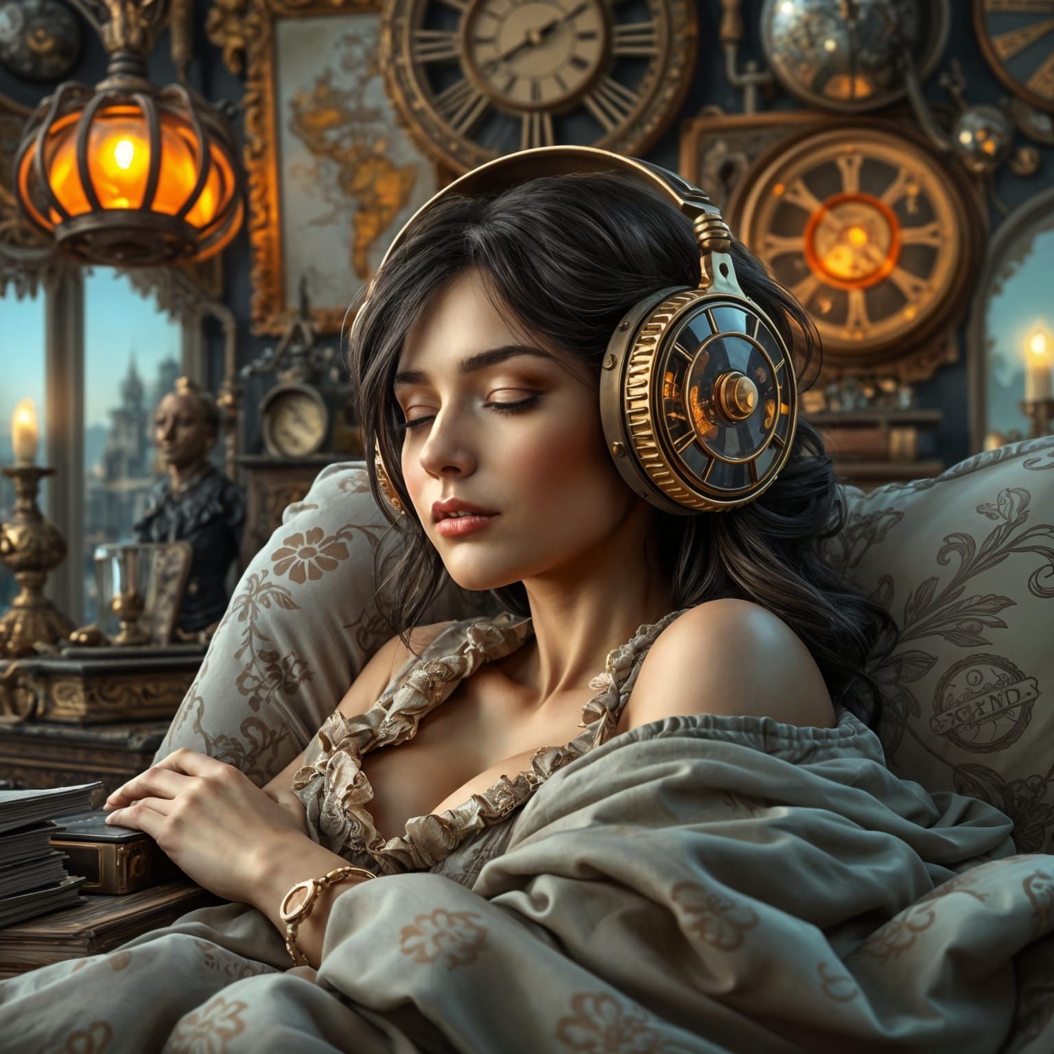 Steampunk Headphones: Intricate Digital Illustration of Rela...