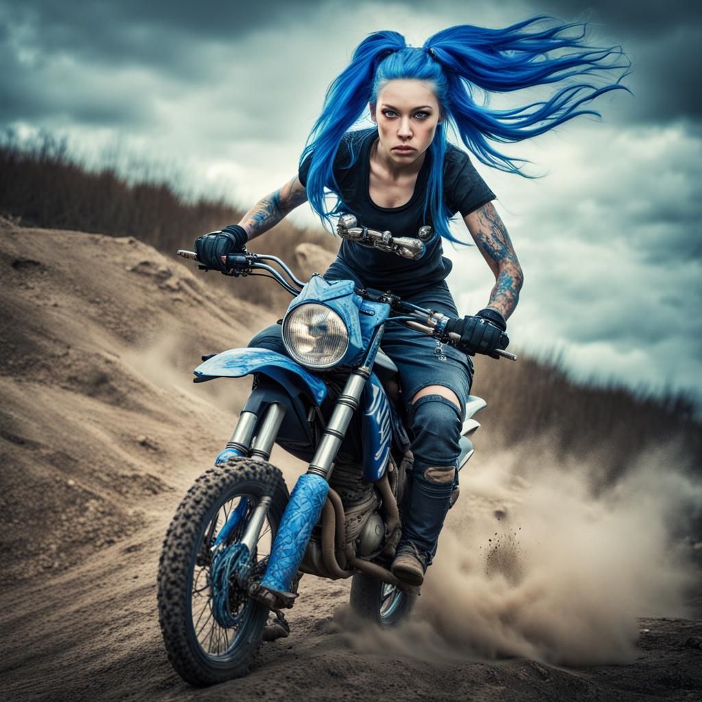 Hyperrealistic Woman on Dirtbike in Monster World