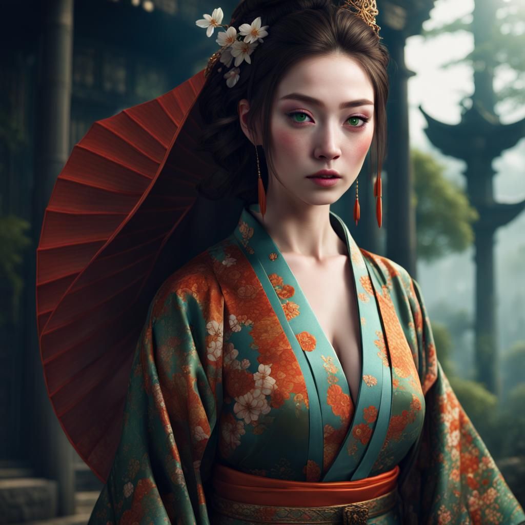 Green Kimono Portrait of a Japanese Queen