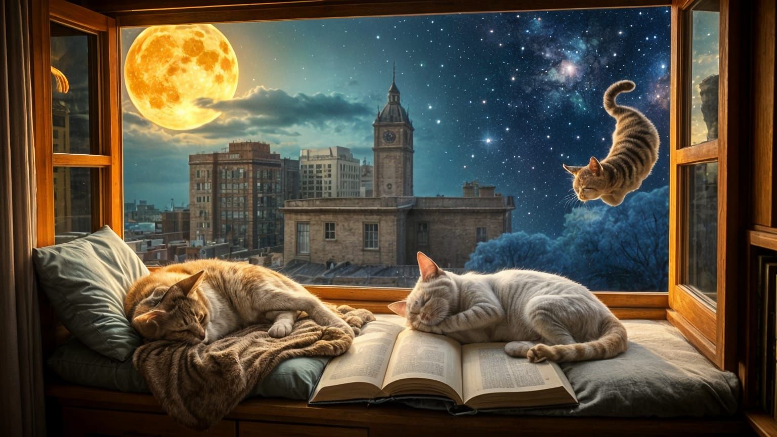Four Sleeping Cats in Enchanted Window Dreamscape