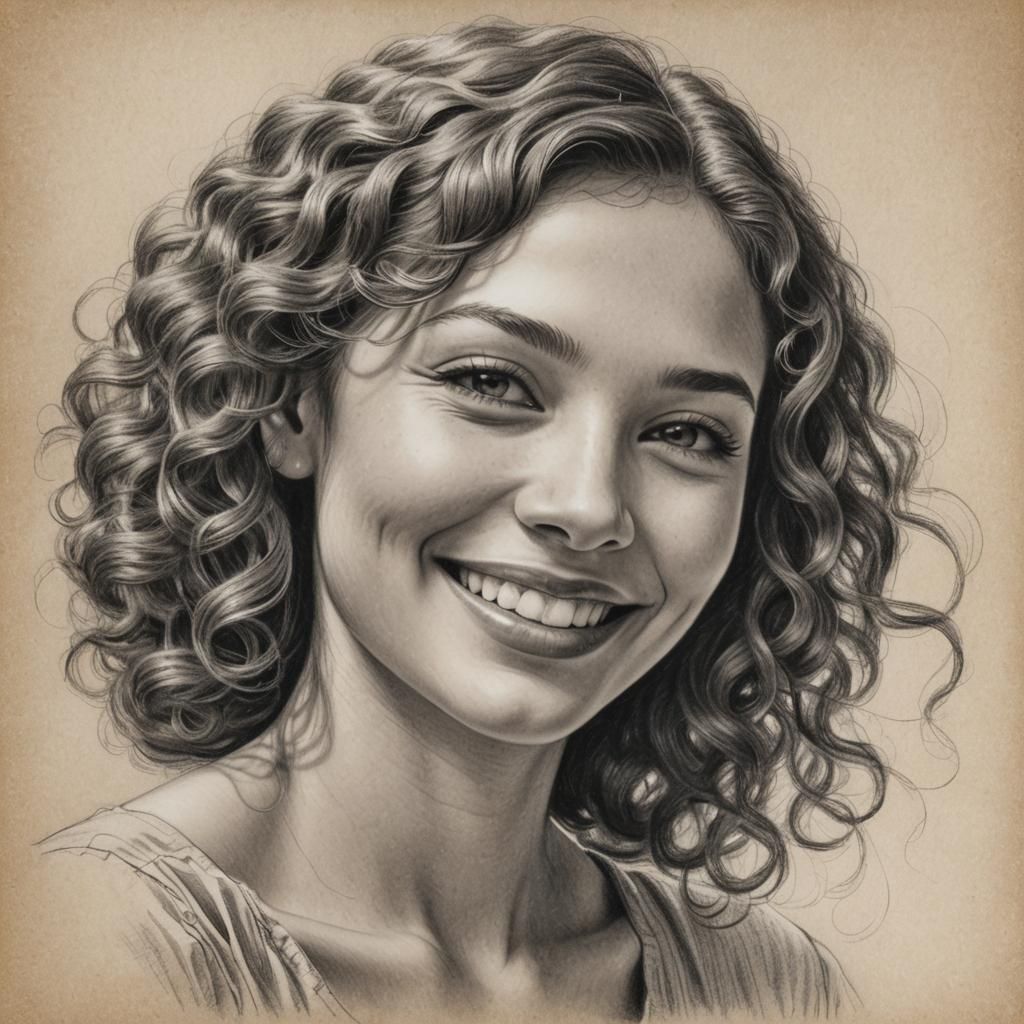 Pencil Drawing of Smiling Woman with Ringlets