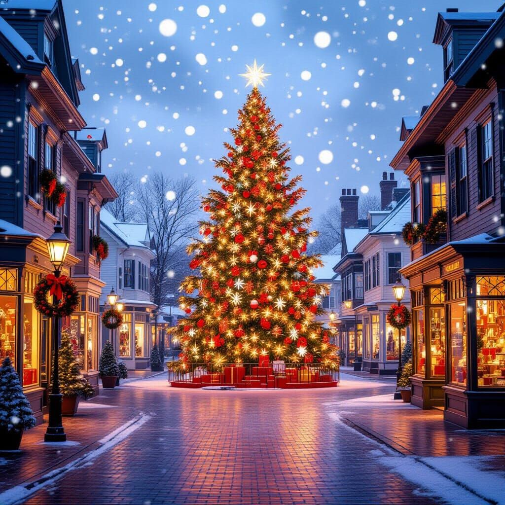 Vintage Christmas Town Square with Lit Tree and Decorations