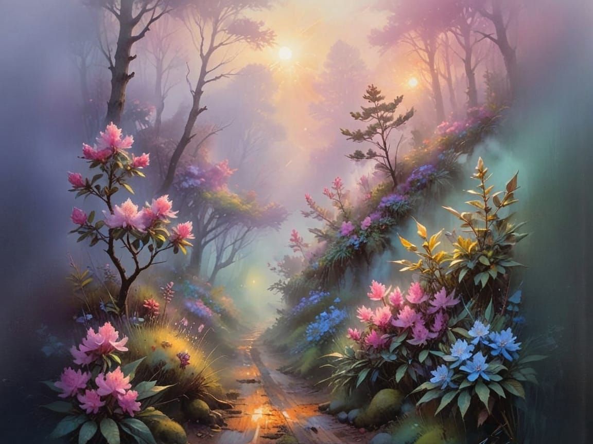 Mystical Village at Dawn in Vibrant Fog