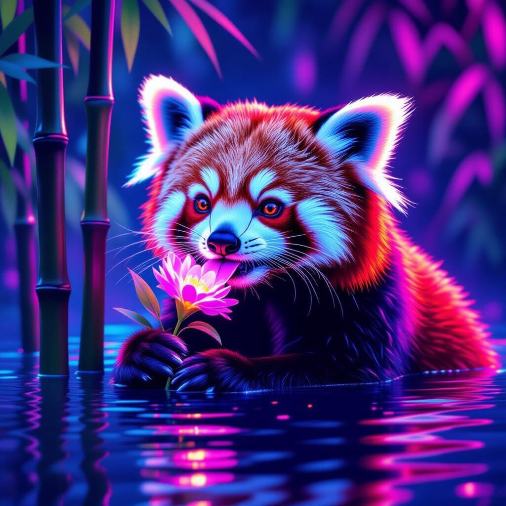 Fictional Red Panda Licking Flower in Neon-Lit Water