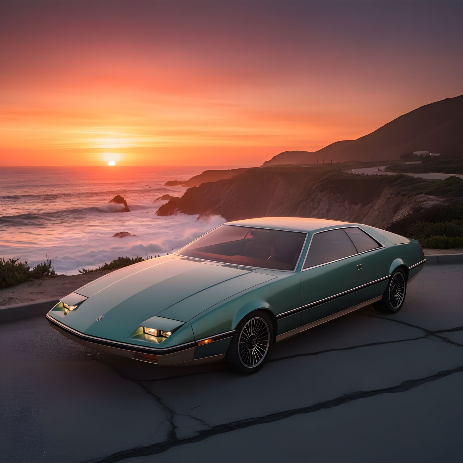 Retro-Futuristic Sedan on Pacific Coast Highway