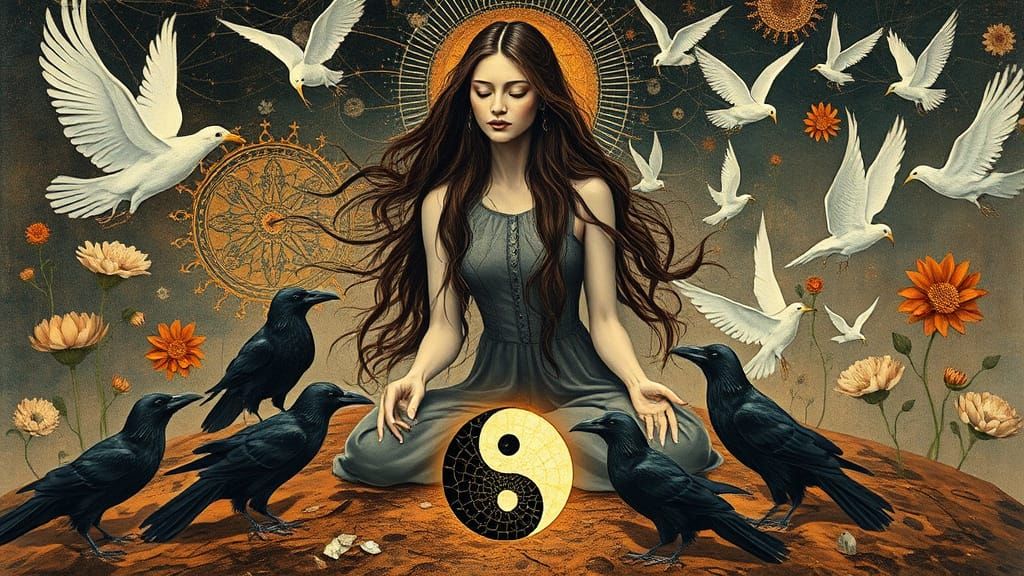 Woman Gathering Yin Yang Shards in Bio-Art Style