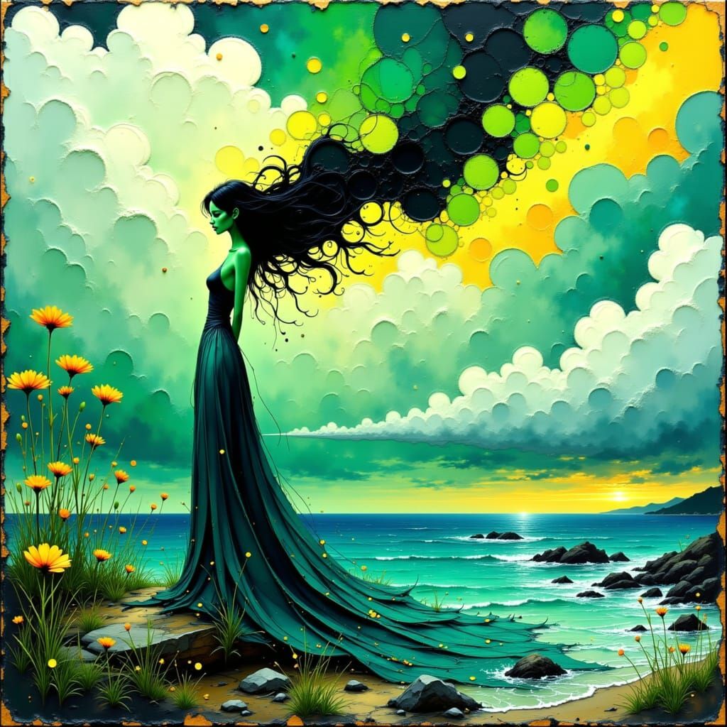Surreal Goddess in Vibrant Coastal Landscape