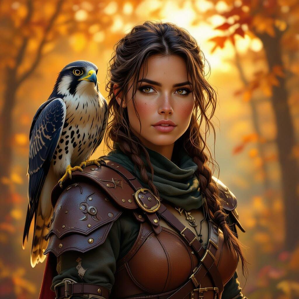 Female Ranger with Falcon in Autumn Forest Concept Art