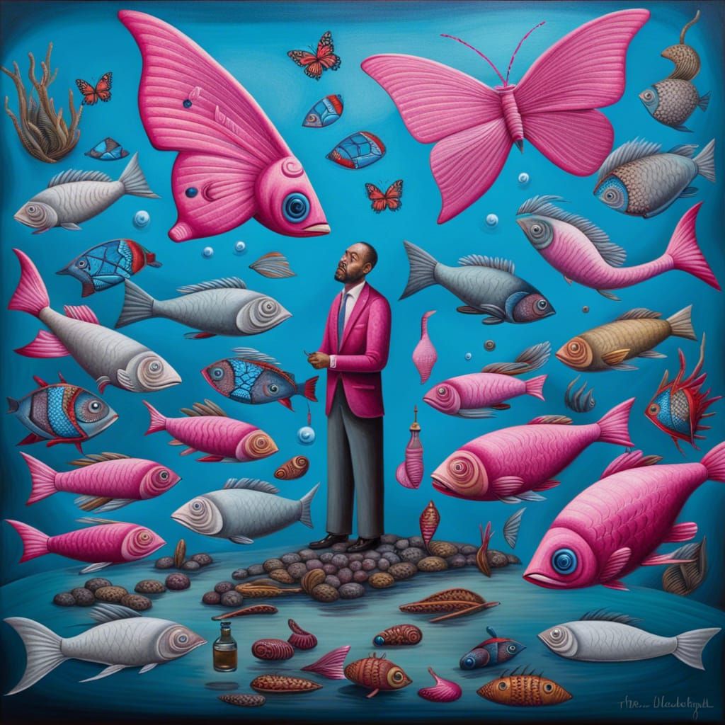 Folk Art Surreal Oil Painting: Fish and Butterflies