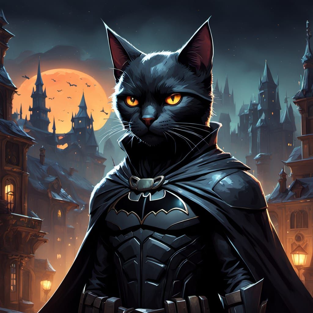 Black Cat Superhero in Spooky City Nightscape