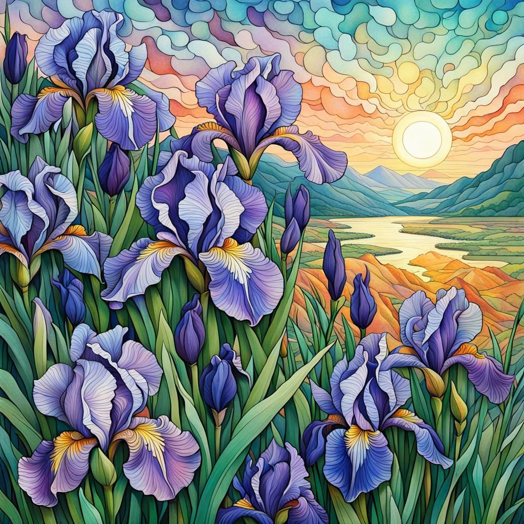 Colorful Irises in Morning Light, Surreal Splash Art