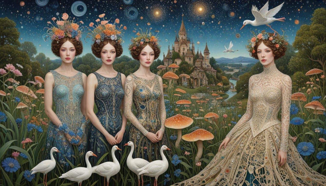 Surreal 1920s Twins with Geese in Bioluminescent Garden