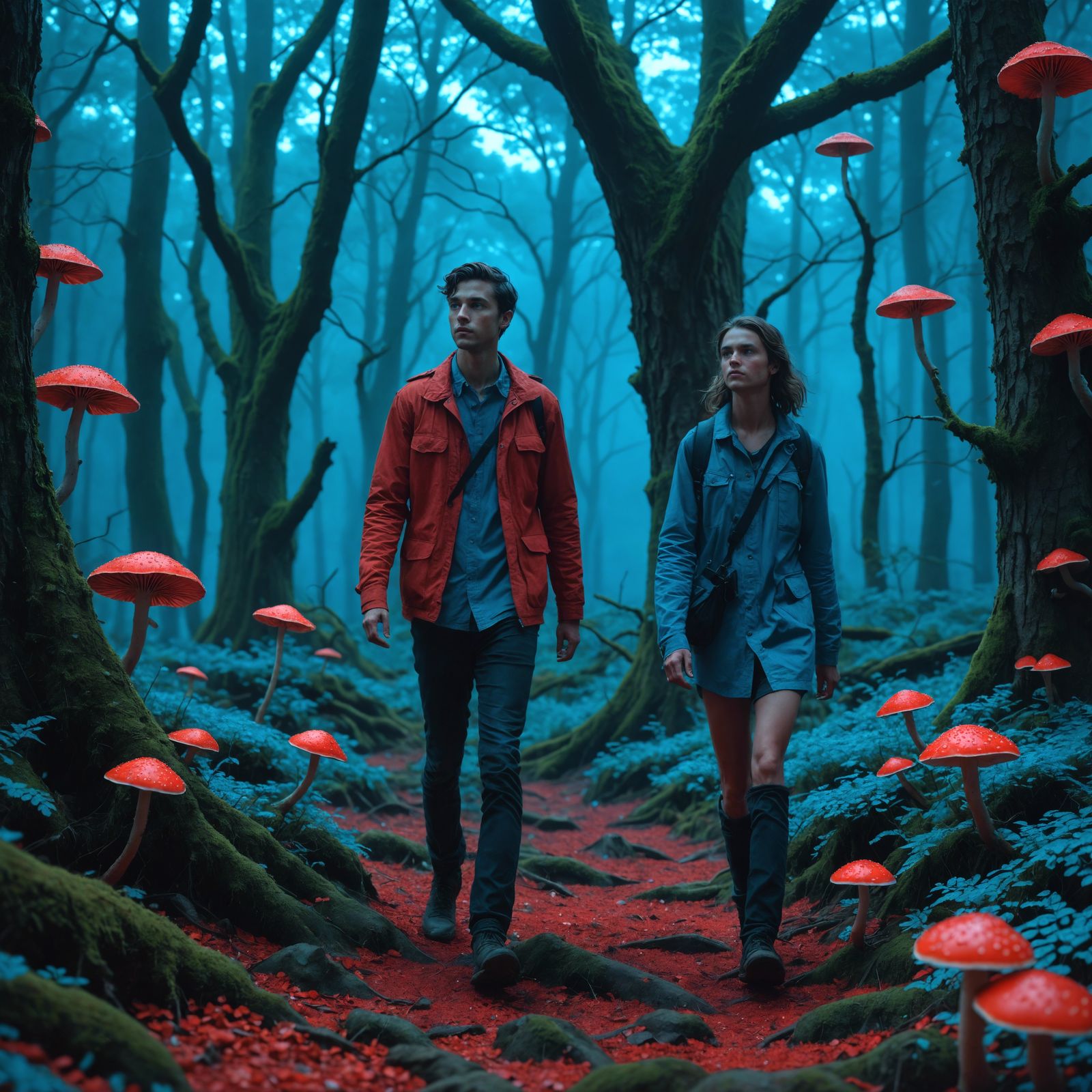 Psychedelic Couple in Mystical Blue Forest