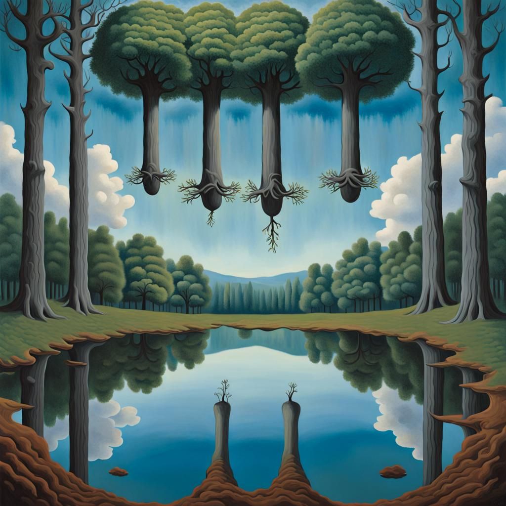 Art by René Magritte, a whimsical forest scene painted upsid...