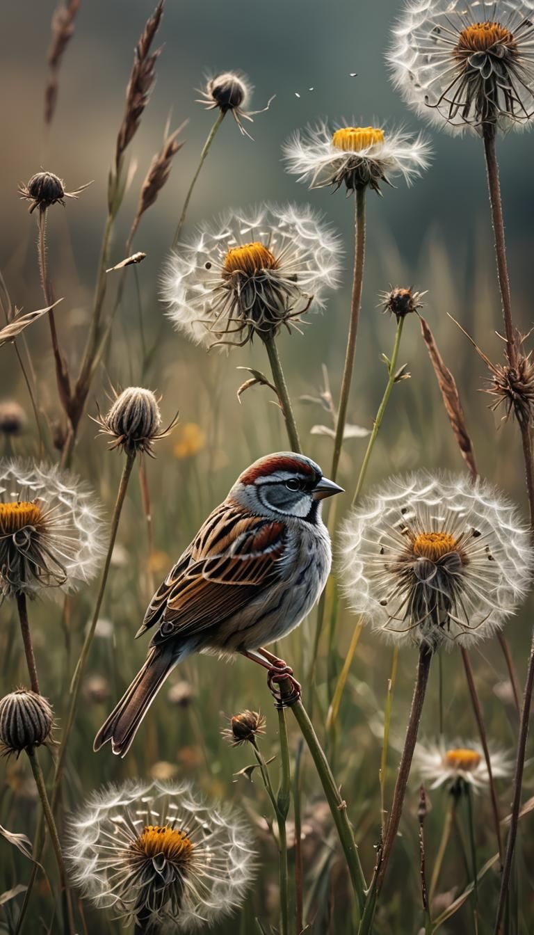 Sparrow on Dandelion Seed Head: Digital Matte Painting