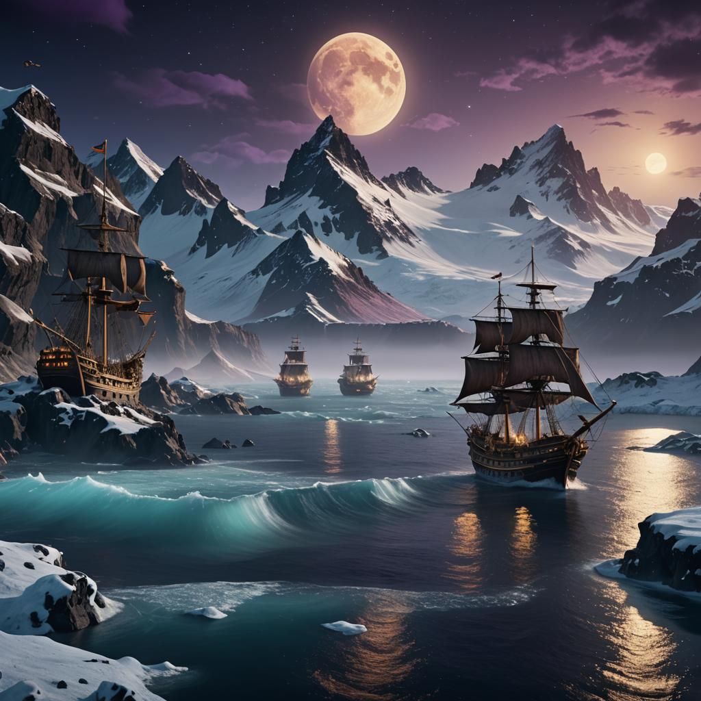 Pirate Ships Sailing Iceland Coast Under Moonlight