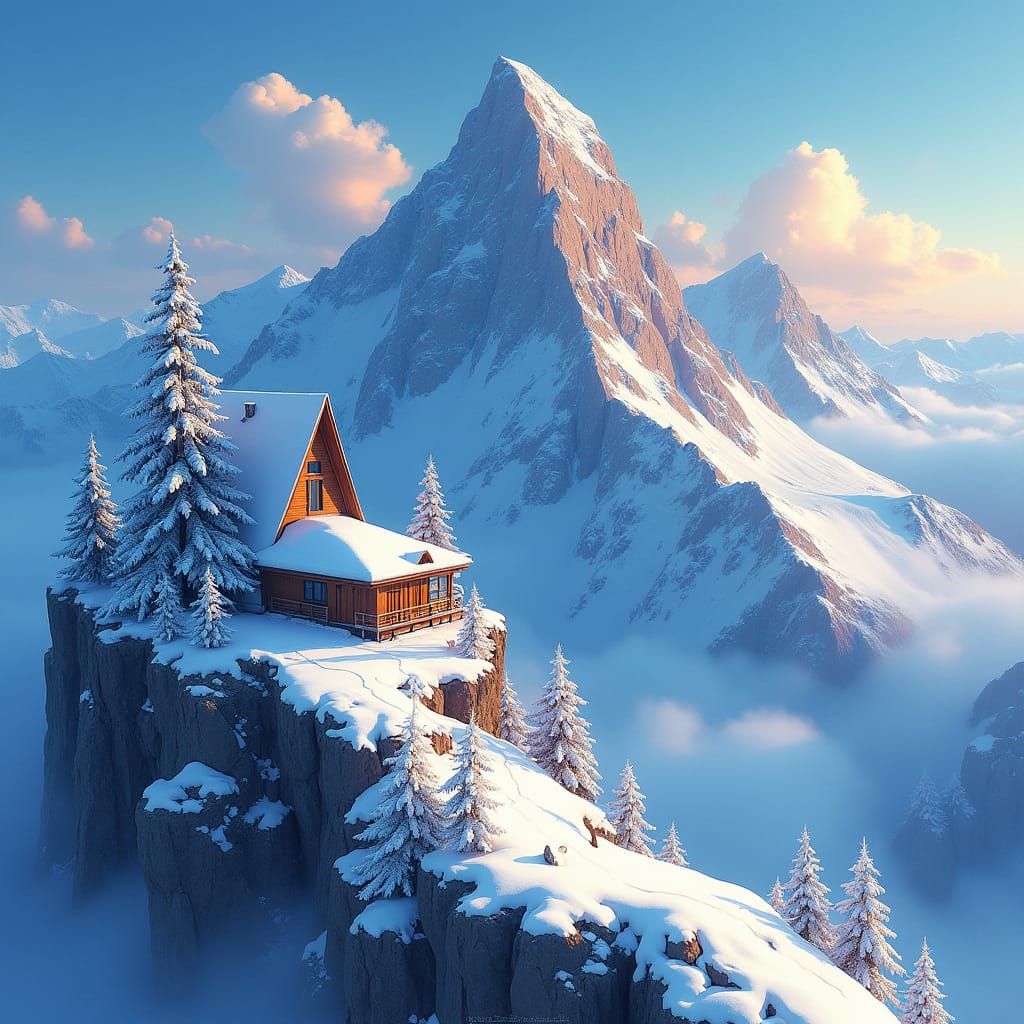 Snowy Mountain A-Frame House in Anime Style