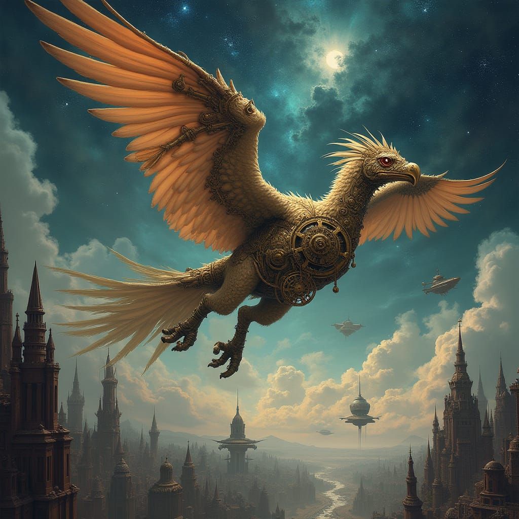 Steampunk Griffin Soars Through Cosmic Sky Above Fantasy Cit...