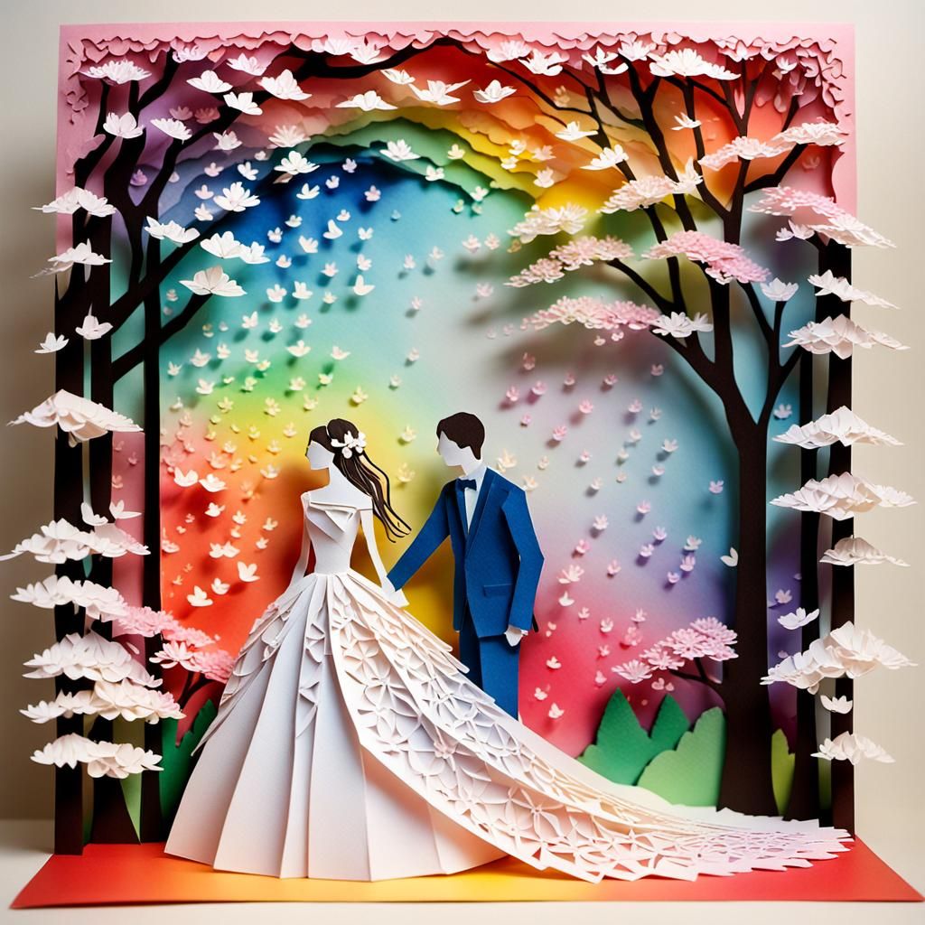 "Kirigami scene of !!!tender sweet moment groom kisses bride...
