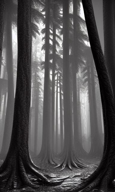 High-Contrast Black and White Forest Matte Painting