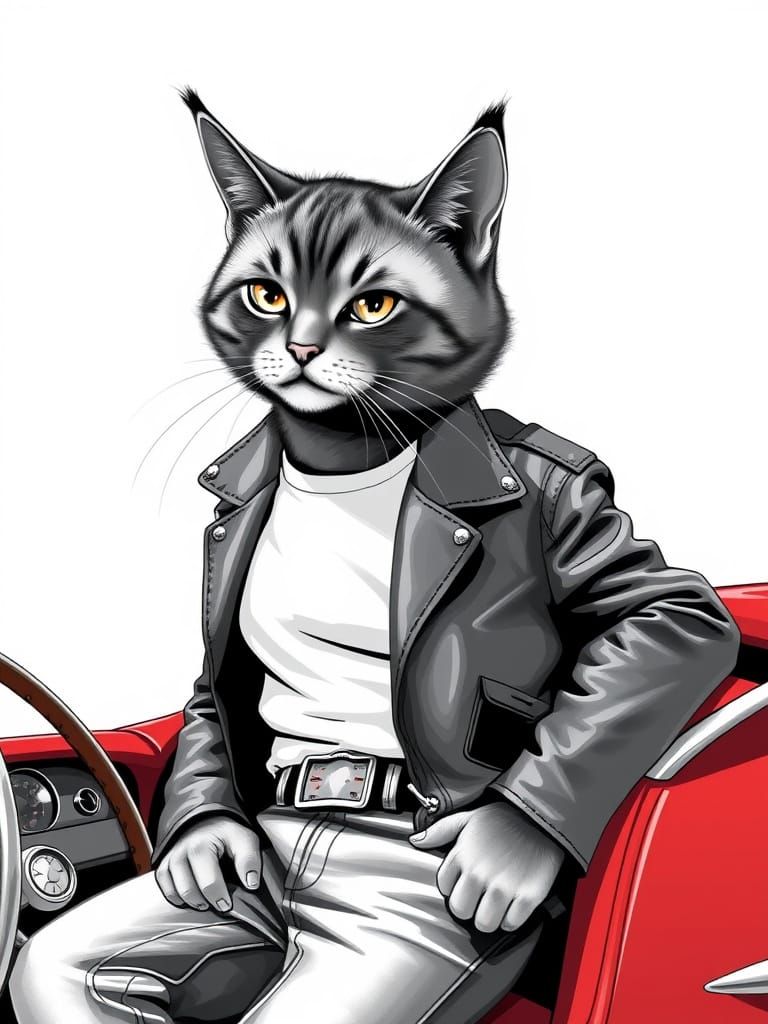 Humanized Cat in 50s Style on Cadillac