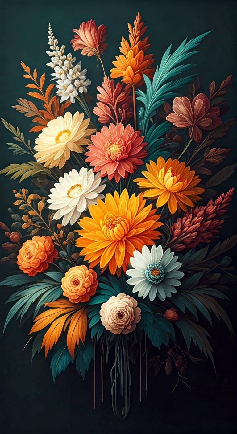 Baroque Autumn Flowers Digital Airbrush Painting