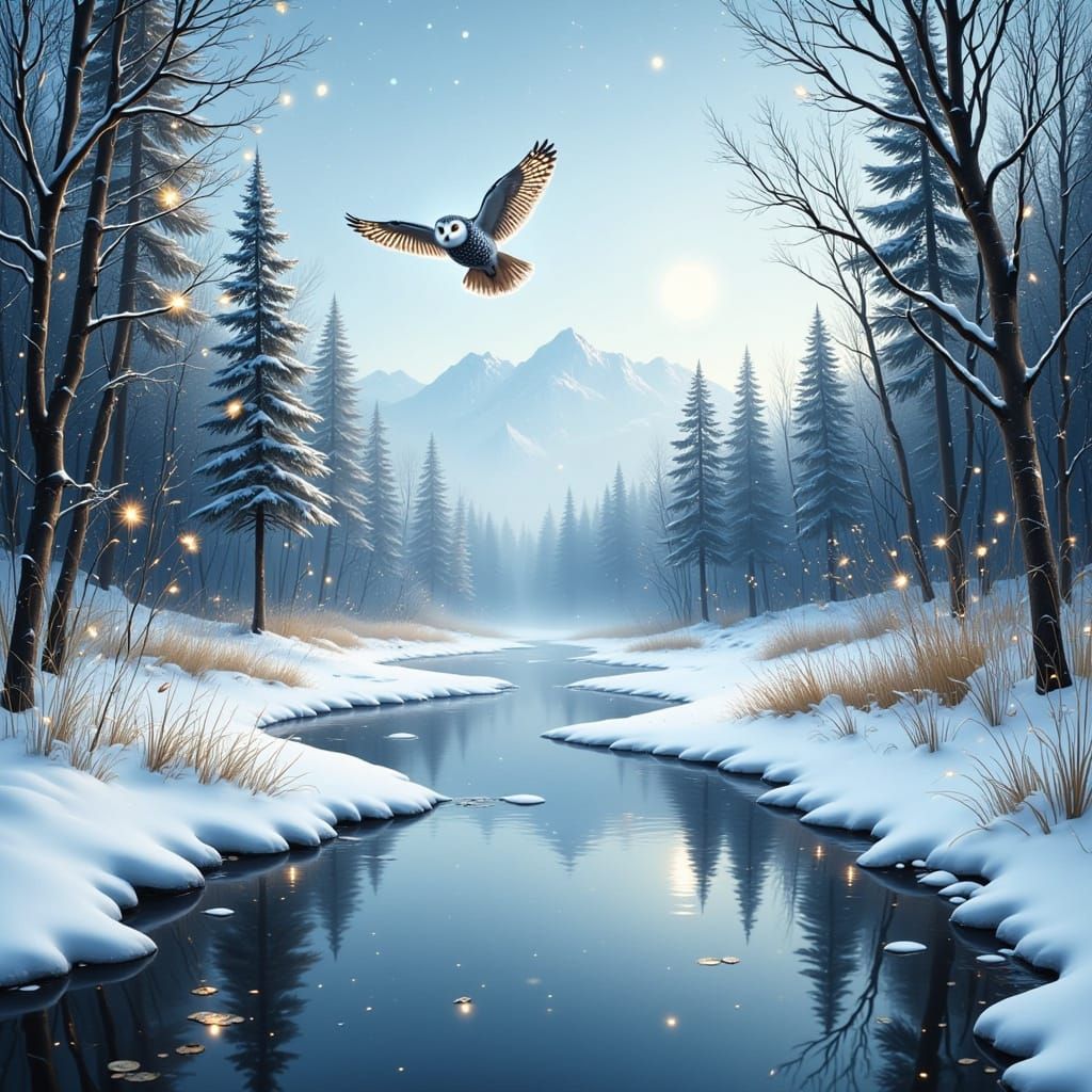 Serene Winter Landscape with Snowy Owl and Frozen River