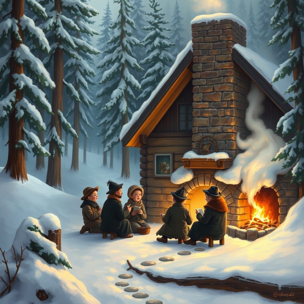 Cozy Cabin with Hot Cocoa Waterfall in Impressionistic Style