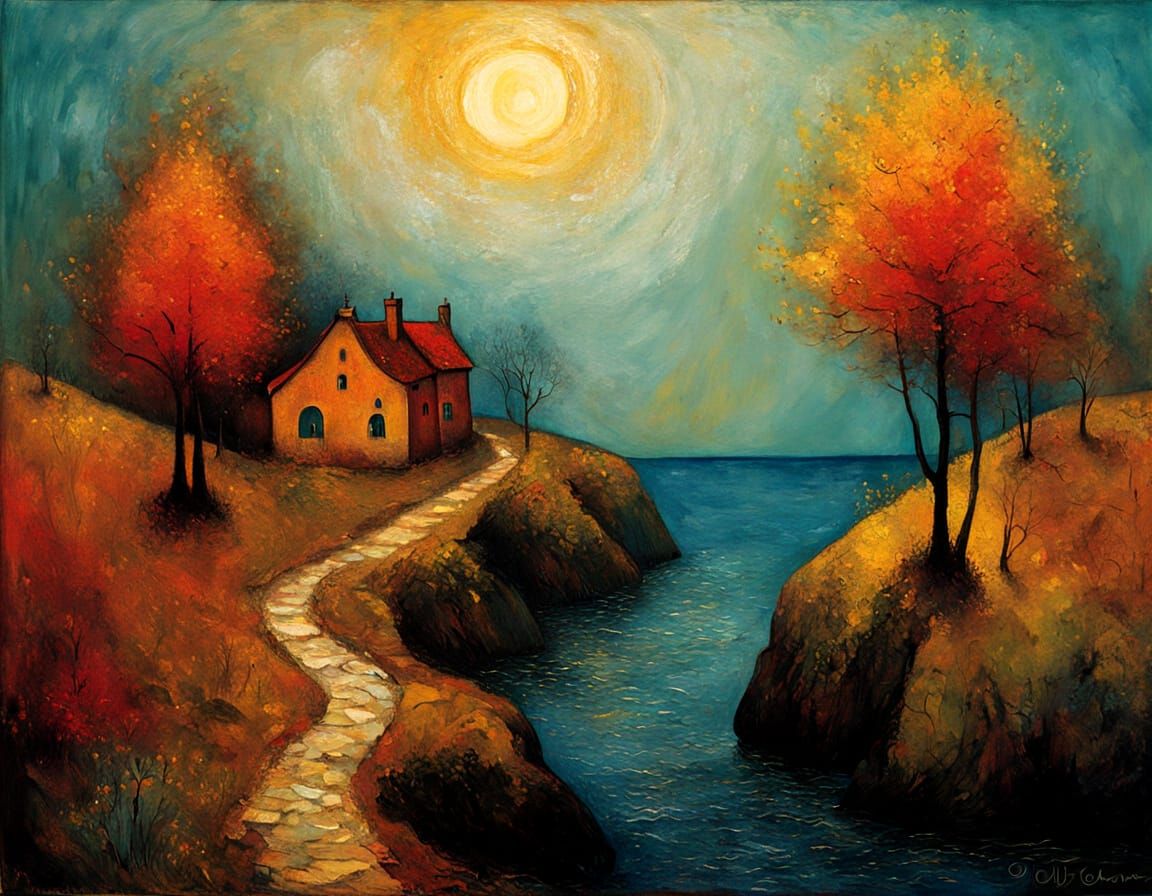 Crimson Misty Morning Seascape Impasto Painting