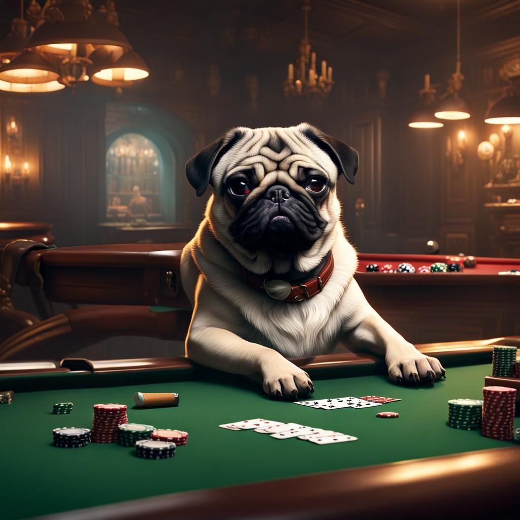 Pug Dogs Playing Poker: Matte Painting in Deep Color