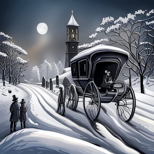 Steampunk Horse and Carriage in Snow, Ink Drawing