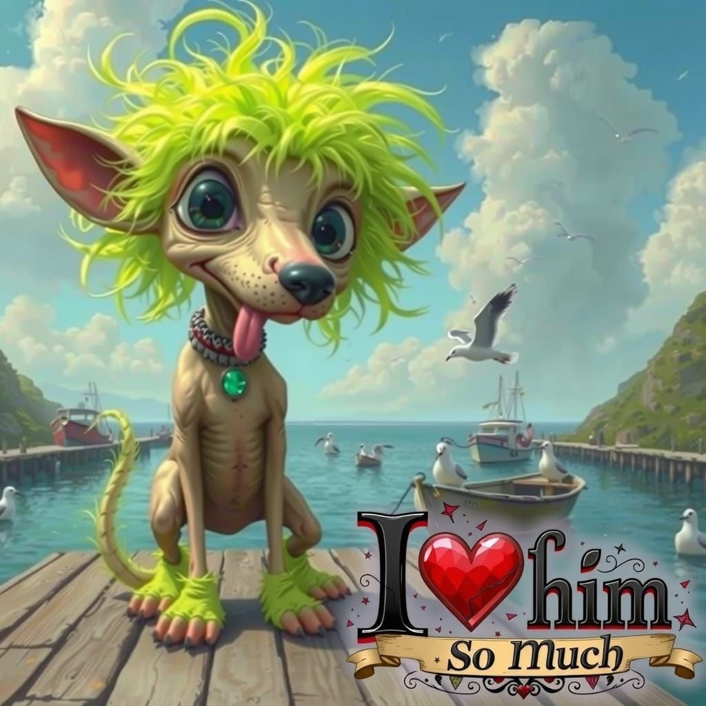 A scrawny, wrinkled, hairless beige dog with a long thin snout, and a tongue hanging out stands on a weathered wooden do...