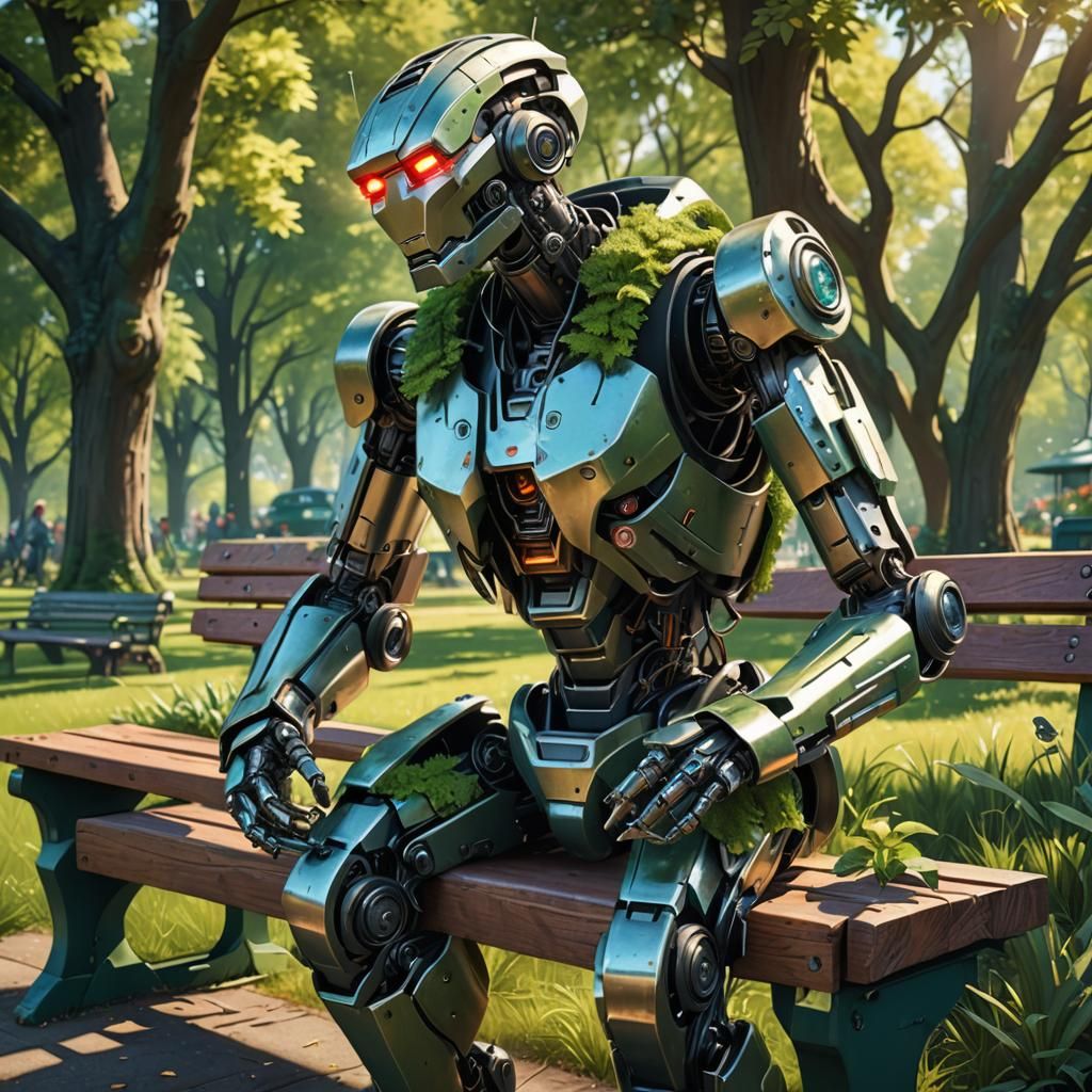 Friendly Robot in Park: Hyper-Realistic Fantasy Art
