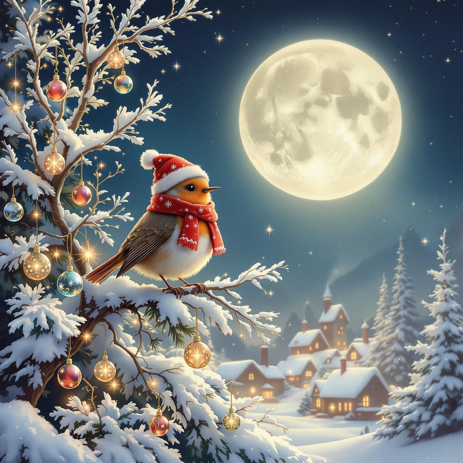 Whimsical Christmas Robin Perched on Lavish Tree Branch