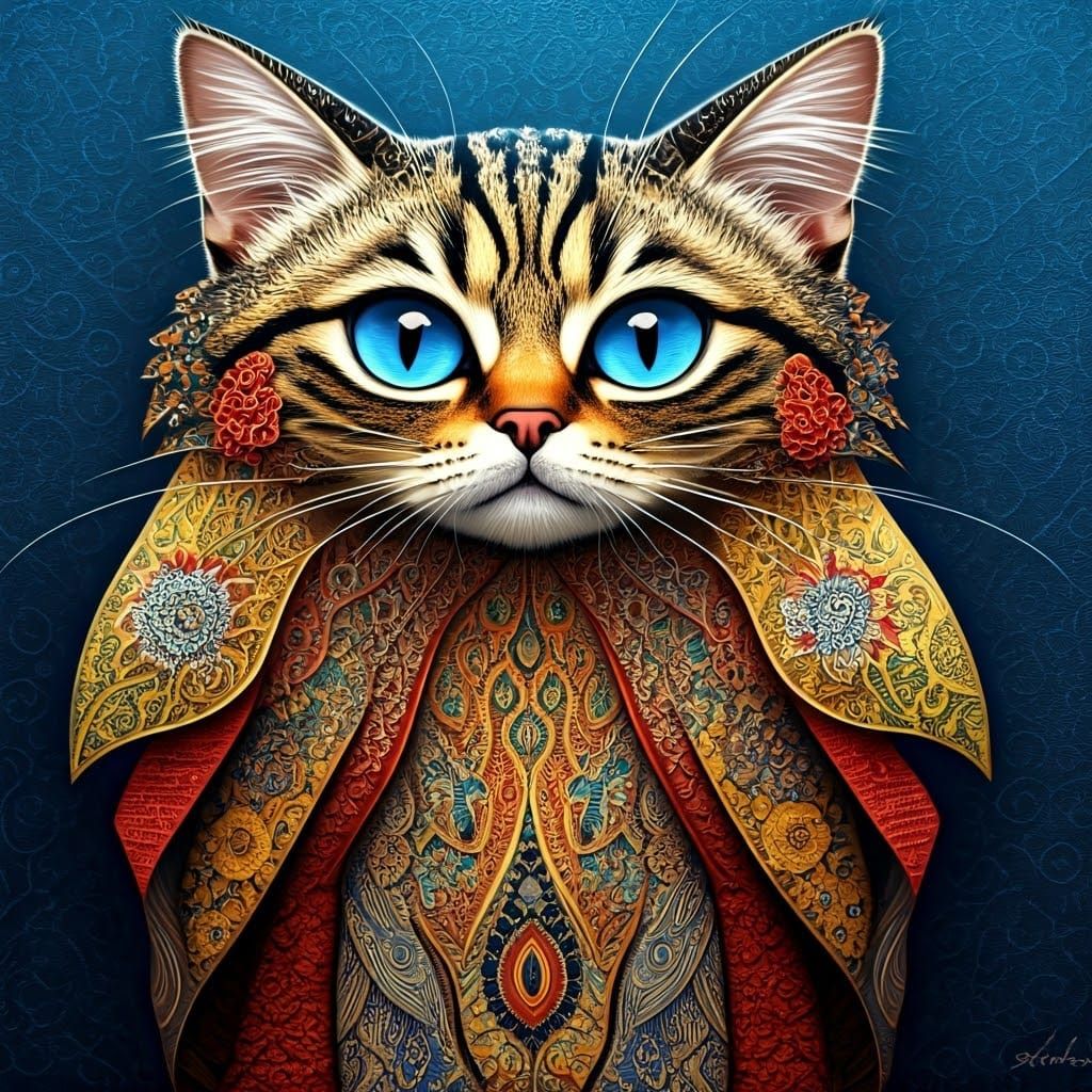 Blue-Eyed Abstract Cat with Floral Patterns