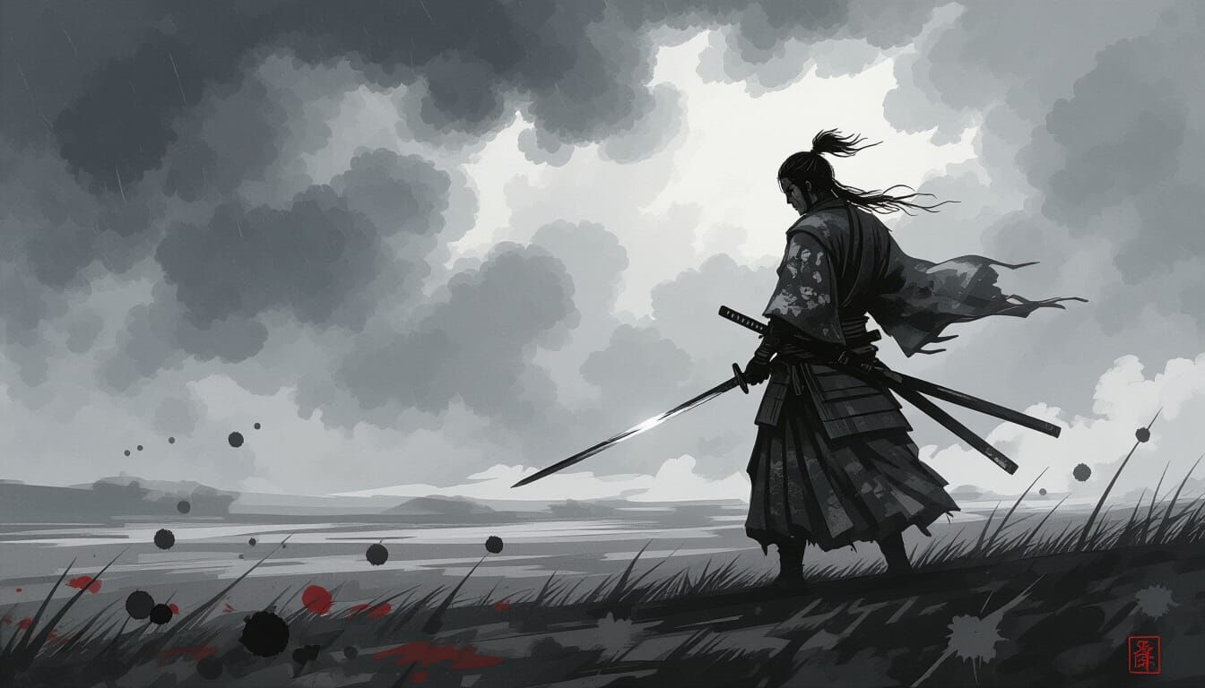 Samurai Warrior in Stormy Landscape, Japanese Ink Wash Style