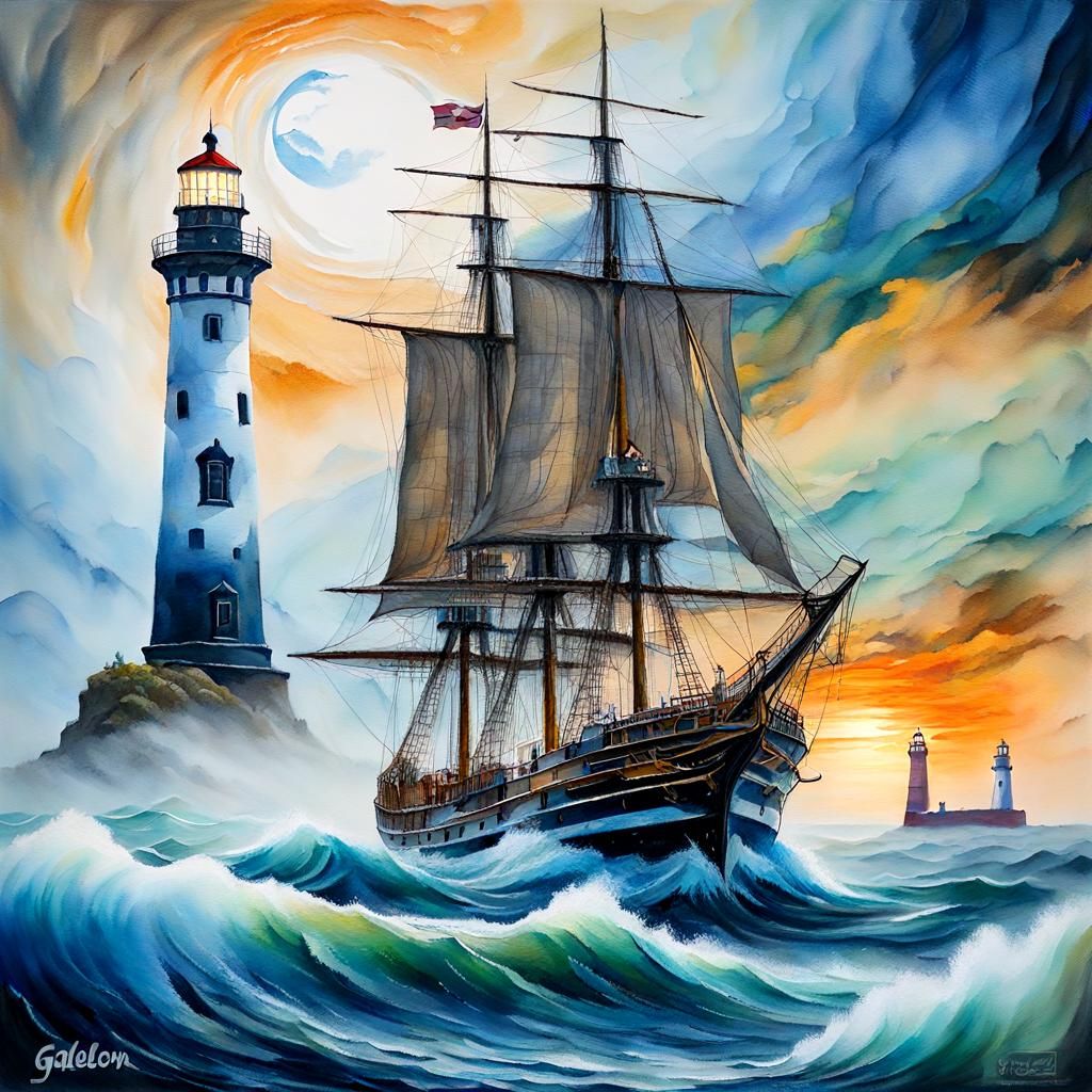 Galleon Sailing on Foggy Sea in Gouache Style