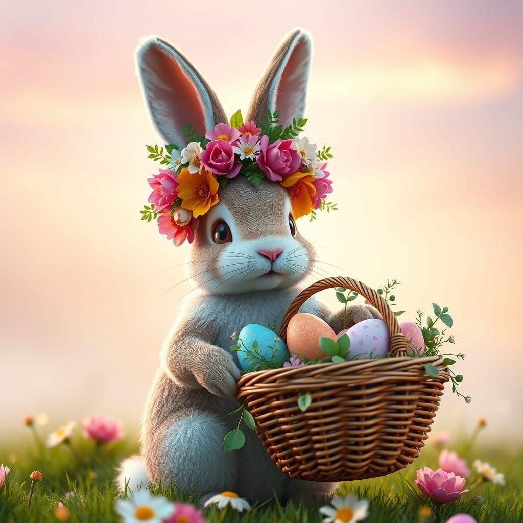 Whimsical Easter Bunny in Floral Crown