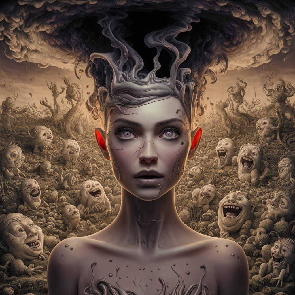 Surreal Woman with Intense Eyes in Bosch Landscape